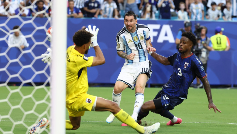 Argentina forward Lionel Messi (10) beats Cape Verde goalkeeper Vozinha (1) for a goal in the first half during the FIFA World Cup 26
