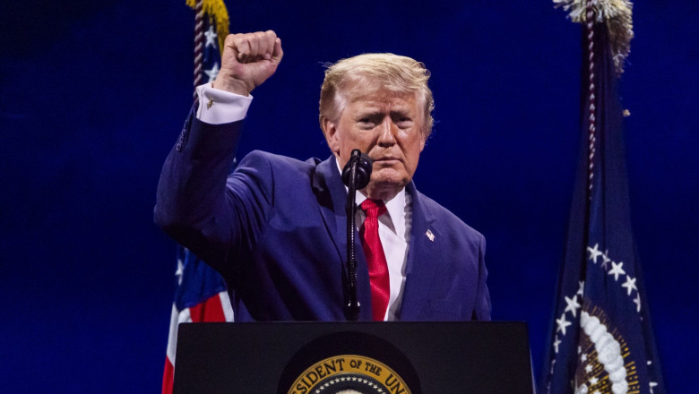 President Donald Trump speaks during the Salute to America 250 celebration on the National Mall in Washington DC