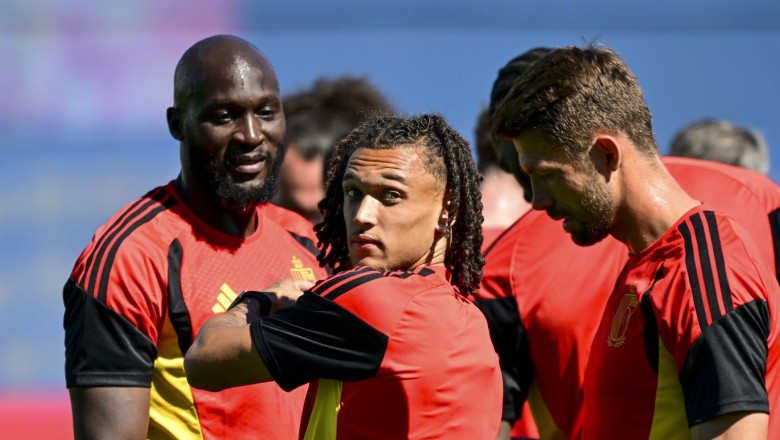 Belgium's Romelu Lukaku and Belgium's Diego Da Silva Moreira pictured during a training session of Belgian national soccer team Red Devils