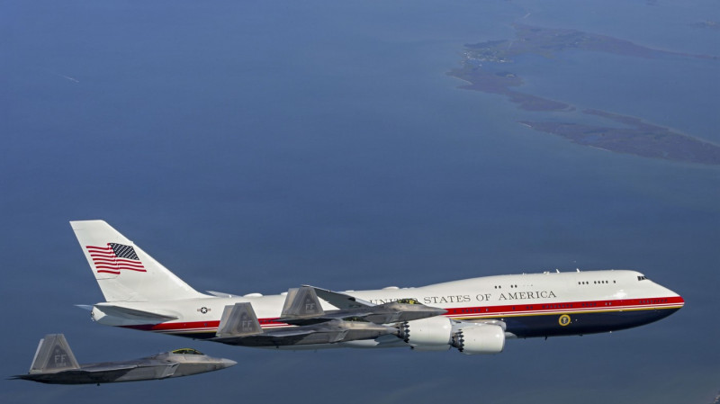 New Air Force One Formation Flight With F-22 Fighter Jets