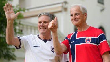 Prime Minister Sir Keir Starmer (left) and Norway's Prime Minister Jonas Gahr Store pose as they wear their national team's football shirts prior to a meeting at the British Embassy on the sidelines of the Nato summit in Ankara, Turkey. Picture date: Tues