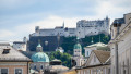 Historic old town of Salzburg and Hohensalzburg Fortress atop the Festungsberg hill in Salzburg, Austria on 11 July 2025