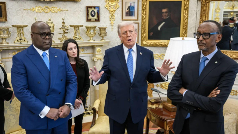 Felix Tshisekedi, președintele Republicii Democrate Congo, Donald Trump, președintele SUA, și Paul Kagame, președintele Rwandei, la Casa Albă