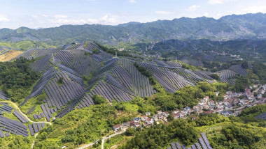 JINHUA, CHINA - JULY 16: Aerial view of solar panels at an agrivoltaic power generation project on July 16, 2026 in Jinh