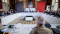 European and NATO leaders are seen around a table at the Hotel des Invalides ahead of the Coalition of the Willing Summit in Paris, France, on July 13, 2026. Seen in the photograph are: French President Emmanuel Macron, Ukrainian President Volodymyr Zelen