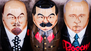 St. Petersburg, Russia. 12th June, 2024. Russian wooden toys in the form of a painted doll, inside of which there are similar smaller dolls called Matryoshka with images from left to right: Soviet politician and statesman, leader of the Social Democratic