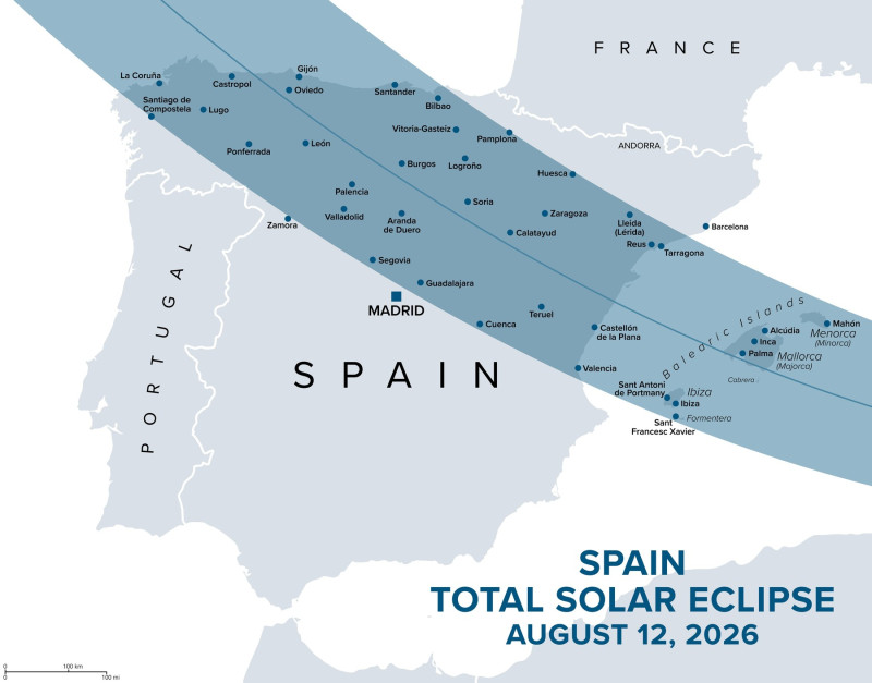 Spain, total solar eclipse, August 12, 2026, path of totality, map with cities. Moon fully obscuring the sun, crossing from west to east.
