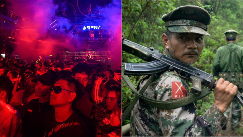 tineri din Myanmar care petrec într-un club de noapte din Yangon / soldat rebel în junglă