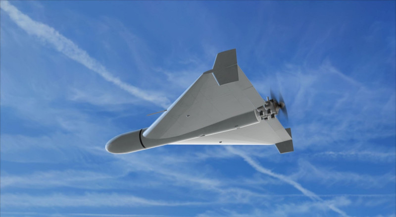 Military kamikaze drone in the sky against the background of missile trails and clouds, drone attack.