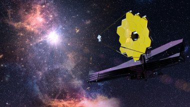 James Webb Space Telescope traveling and exploring deep space against galaxy background. 3D Illustration