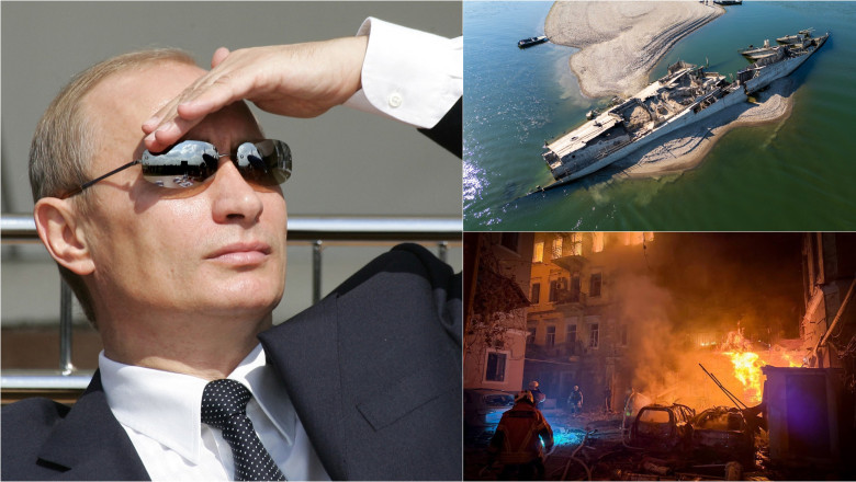 Vladimir Putin cu ochelari de soare / epavă pe fundul Dunării pe timp de secetă / incendiu după un bombardament rusesc în Odesa