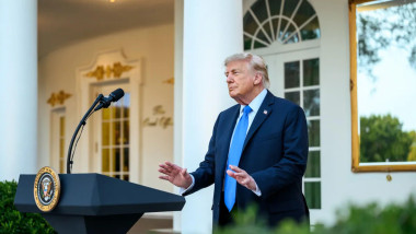 President Donald J. Trump delivers remarks during a Rose Garden Dinner at the White House in Washington, D.C., September 2, 2026. Trump speaks from a presidential lectern during the evening gathering. Image courtesy of the White House.