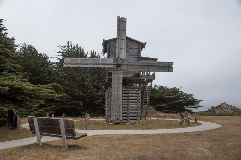 Old Mill in Fort Ross State Park, California, USA, close-up, on a foggy, overcast day typical of the Sonoma Coast.