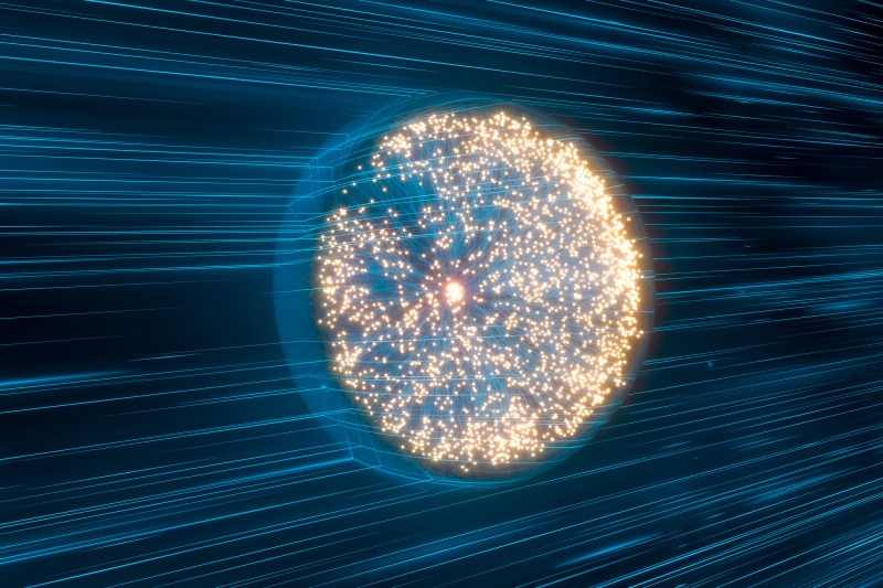 Glowing particles and lines with dark background,3d rendering