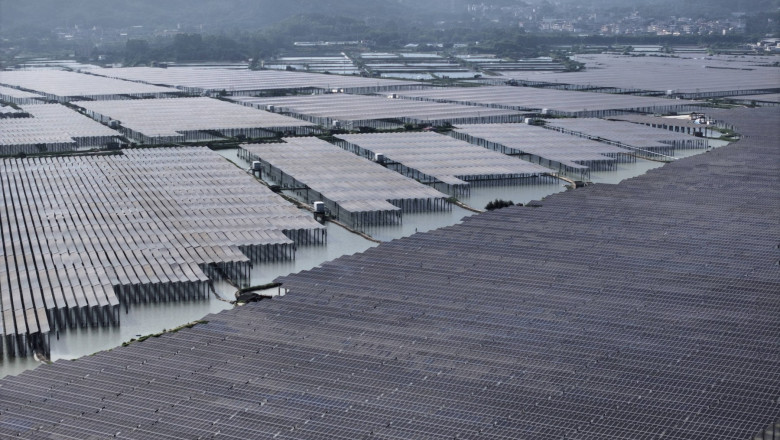 ZHAOAN, CHINA - JULY 29: Rows of solar panels are neatly arrange over shrimp ponds at Xishan Farm on July 29, 2026 in Zh