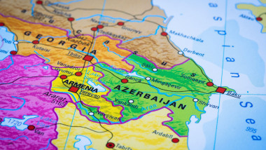 Close-up map of Armenia and Azerbaijan with surrounding countries, showing major cities such as Yerevan, Baku, Ganja, and Tbilisi