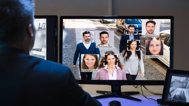AI Facial Recognition On CCTV Camera Surveillance Screen