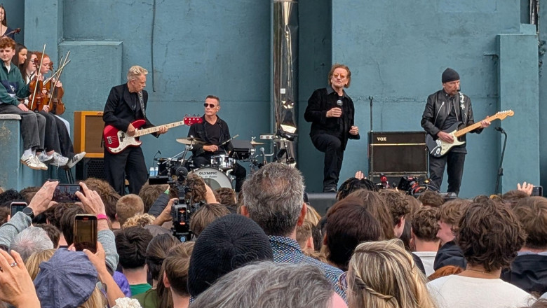 U2, (left to right) Adam Clayton, Larry Mullen Jr, Bono and The Edge, during a performance to students from their old school at Mount Temple Comprehensive School in Dublin. Picture date: Friday September 25, 2026.