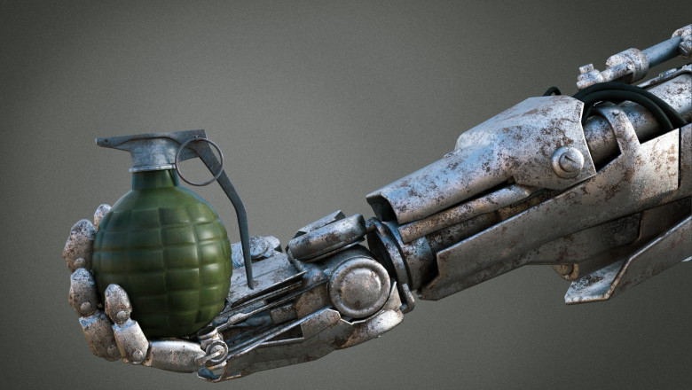 3D rendering of robot hand holding grenade.