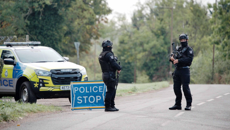 A police checkpoint near RAF Fairford after major incident was declared on Sunday, with armed police manning a cordon near the village of Whelford in Gloucestershire, near RAF Fairford which is used by the United States Air Force (USAF). Picture date: Mon