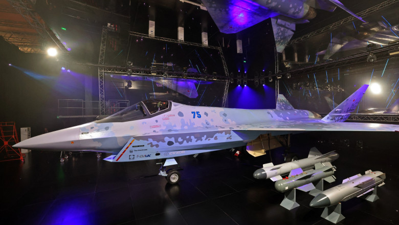 This picture taken on November 16, 2021 shows a view of the mockup of Russia's recently unveiled Sukhoi Su-75 "Checkmate" Light Tactical Aircraft