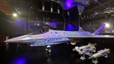 This picture taken on November 16, 2021 shows a view of the mockup of Russia's recently unveiled Sukhoi Su-75 "Checkmate" Light Tactical Aircraft