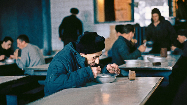 uptar prison magadan region, lunch of soup and bread, siberia, russia