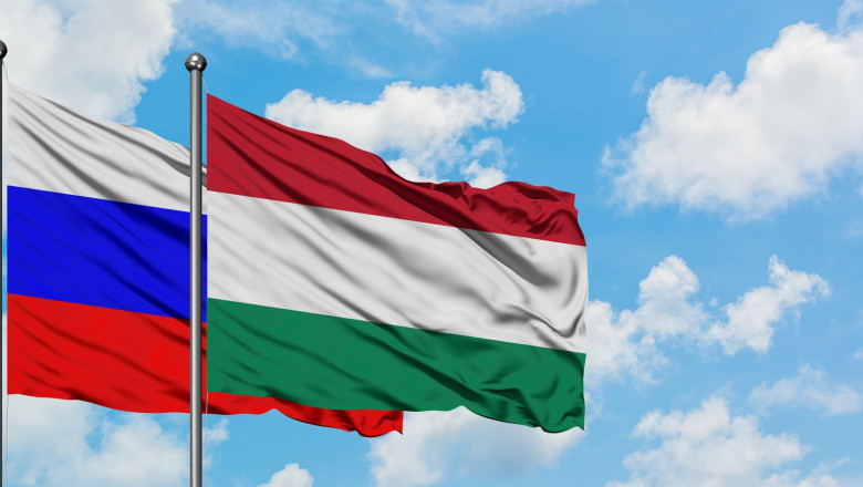 Russia and Hungary flag waving in the wind against white cloudy blue sky together. Diplomacy concept, international relations.