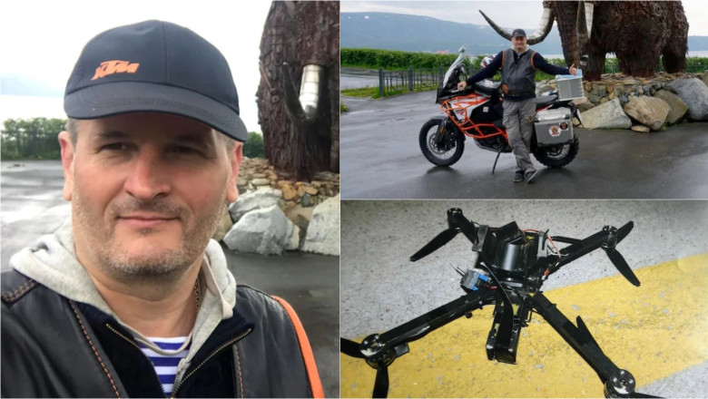 Oleg Levușkin pe motocicletă în Rusia / dronă folosită în atacul eșuat de la aeroportul Leipzig