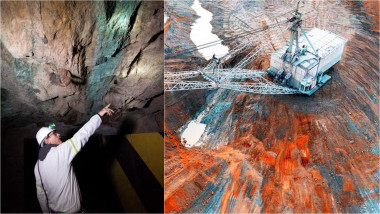 geolog într-o mină subterană din Africa de Sud arată înspre minereul de monazit din care sunt extrase pământurile rare / mină de pământuri rare în Vietnam