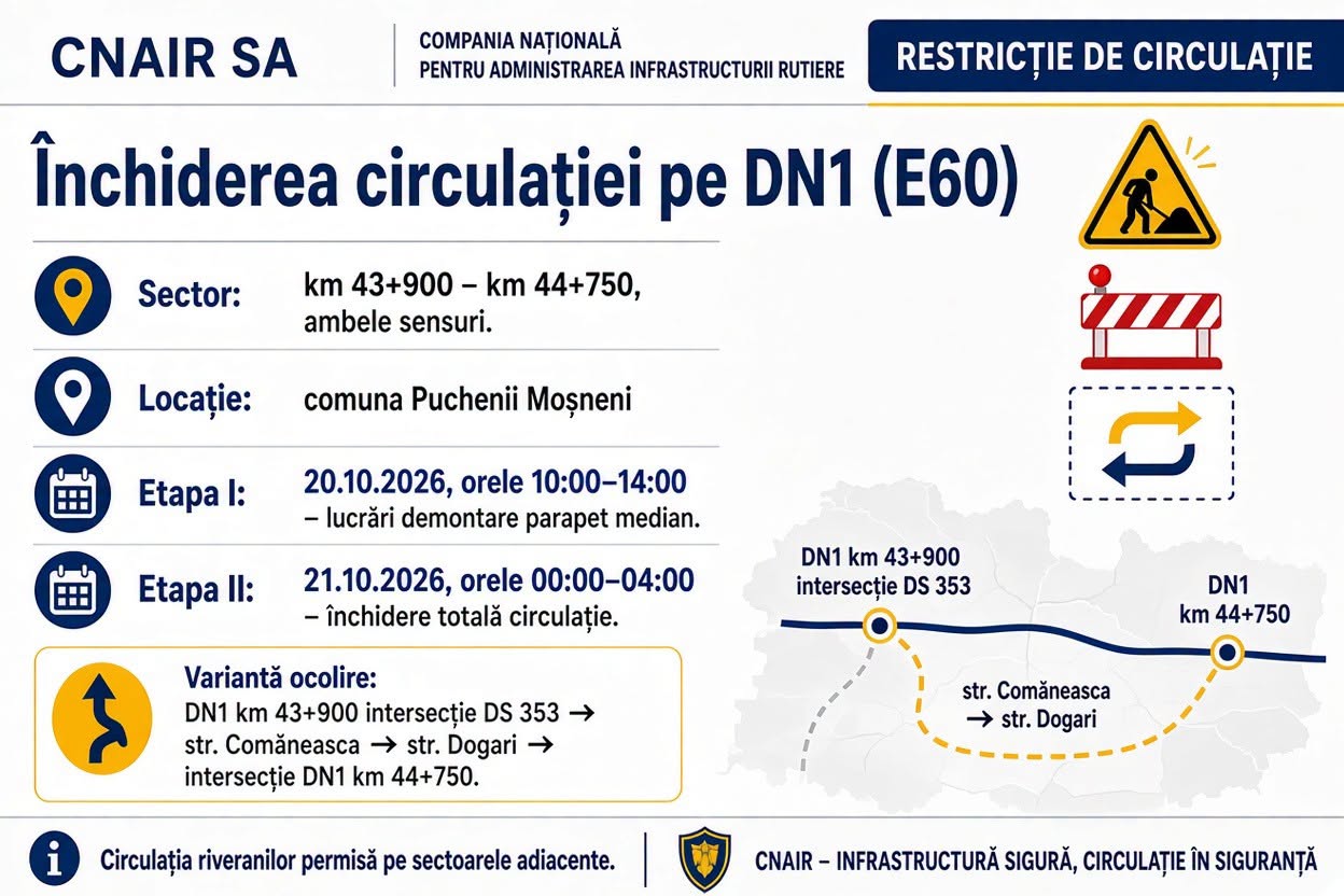 DN1 va fi închis marți și miercuri în Prahova: intervalul orar și rutele alternative recomandate