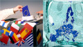 steagurile țărilor europene la urna de vot / ilustrație cu Uniunea Europeană într-un cub de gheață