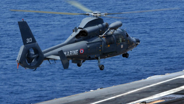 A French Dauphin 35F helicopter conducted a search and rescue exercise from USS John C. Stennis (CVN 74) with HS-8 as part of Maritime Security Operations in the Arabian Sea.