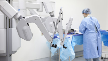 Robotic surgery arms being prepped for surgery.