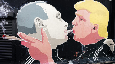 Vilnius, Lithuania - February 25, 2017: Donald Trump kissing Vladimir Putin mural in the street of Vilnius, Lithuania