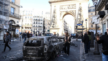 Paris, France. 18th Oct, 2026. Damage from violence and looting is seen near Strasbourg Saint-Denis the day after demonstrations against the high cost of living turned violent in Paris, France, October 18, 2026, as part of a nationwide call for mobilizati