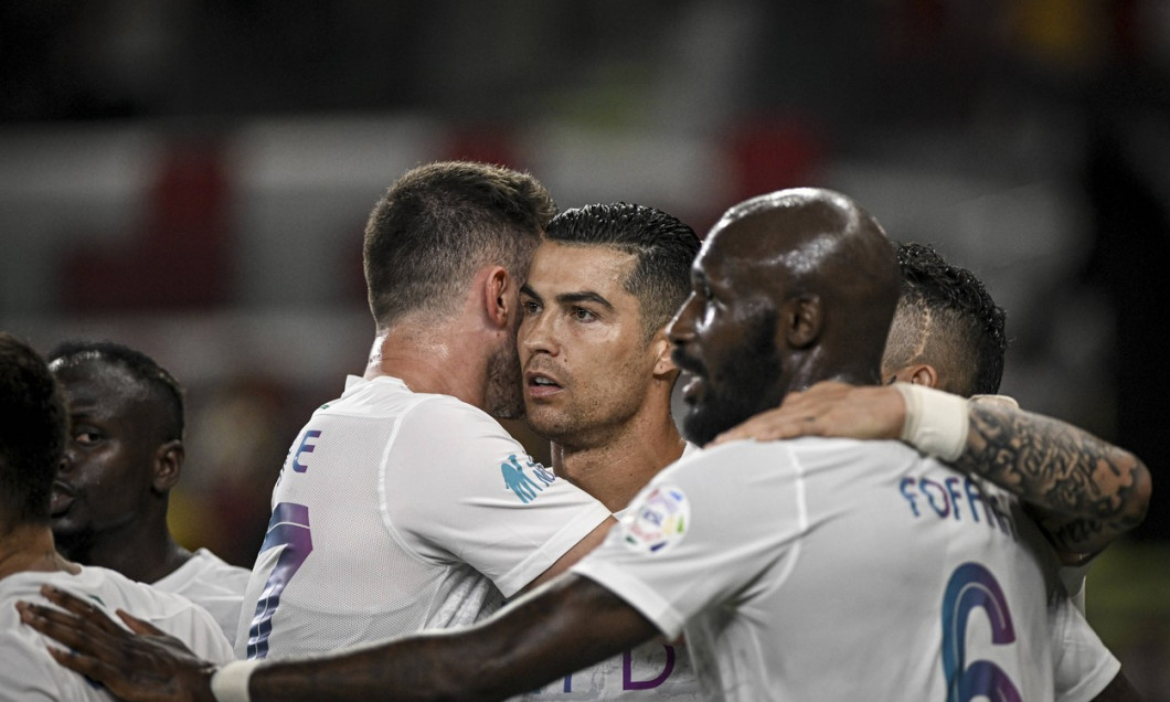 Cristiano Ronaldo of Al-Nassr celebrates after scoring a goal during the Roshn Saudi League 2023 - Al Ittihad v Al-Nassr