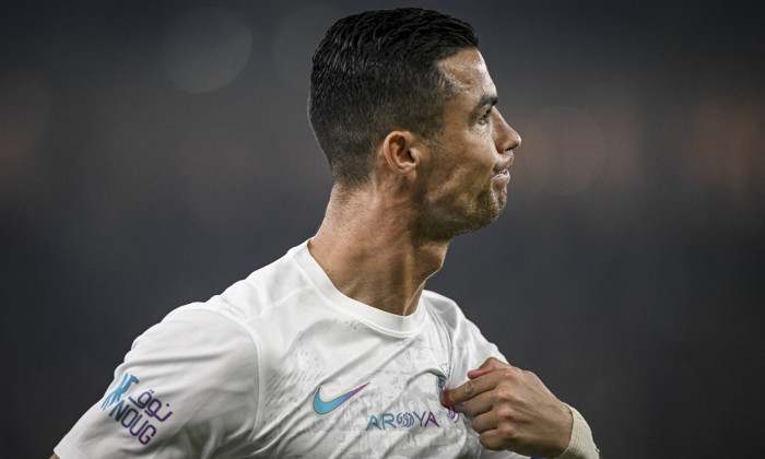 Cristiano Ronaldo of Al-Nassr celebrates after scoring a goal during the Roshn Saudi League 2023 - Al Ittihad v Al-Nassr