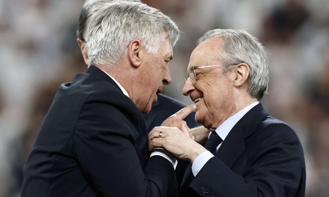 Paris, France. 28th May, 2022. PARIS - (lr) Real Madrid coach Carlo Ancelotti and Real Madrid president Florentino Perez during the UEFA Champions League final match between Liverpool FC and Real Madrid at Stade de Franc on May 28, 2022 in Paris, France.
