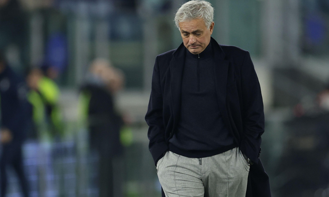 Romas Portuguese coach Jose Mourinho looks dejected during italy cup quarter-finals football match SS Lazio vs AS Roma at Olimpico Stadium on January 10, 2024, in Rome.