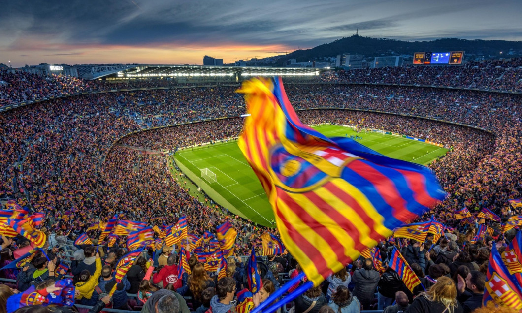 Festive mood at Camp Nou stadium, full sold out with 91,648 spectators, the world attendance record for a women's football match, in 2022 Champions