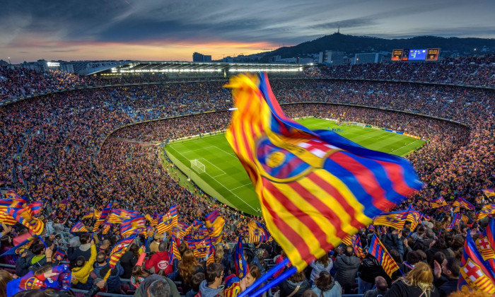 Festive mood at Camp Nou stadium, full sold out with 91,648 spectators, the world attendance record for a women's football match, in 2022 Champions