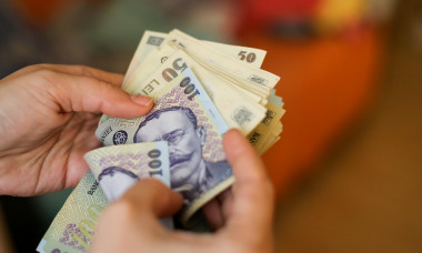 Details with the hands of a young lady counting banknotes of 50 and 100 Romanian Lei currency