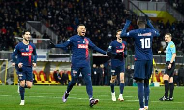 Kylian Mbappe ( 7 - PSG ) celebrates with Randal Kolo Muani ( 10 - PSG ) during the French Cup match between US Orleans