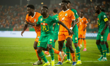Yamoussoukro, COTE D IVOIRE - JANUARY 29; KrĂ pin Diatta of Senegal and Cote D Ivoire defenders during the TotalEnergies