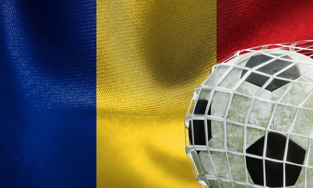 UEFA EURO 2024 Soccer, Romania National flag with a soccer ball in net, 3D work and 3D image. Yerevan, Armenia - 2023 April 03