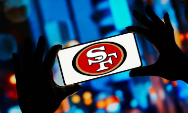 In this photo illustration, the San Francisco 49ers logo is displayed on a smartphone screen. It is a professional American football team located in the Santa Clara, California area.