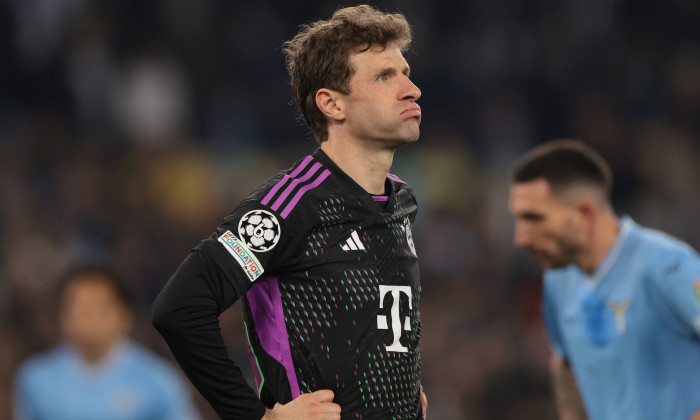 Rome, Italy, 14th February 2024. Thomas Muller of Bayern München reacts during the UEFA Champions League match at Olimpi