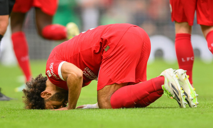 Chelsea v Liverpool - Premier League - Stamford Bridge. Liverpool's Mo Salah celebrates scoring a goal ( which was later ruled out by VAR ) during the Premier League match at Stamford Bridge. Picture Credit: Mark Pain / Alamy Live News