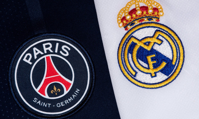 Close up of PSG &amp; Real Madrid Badge.